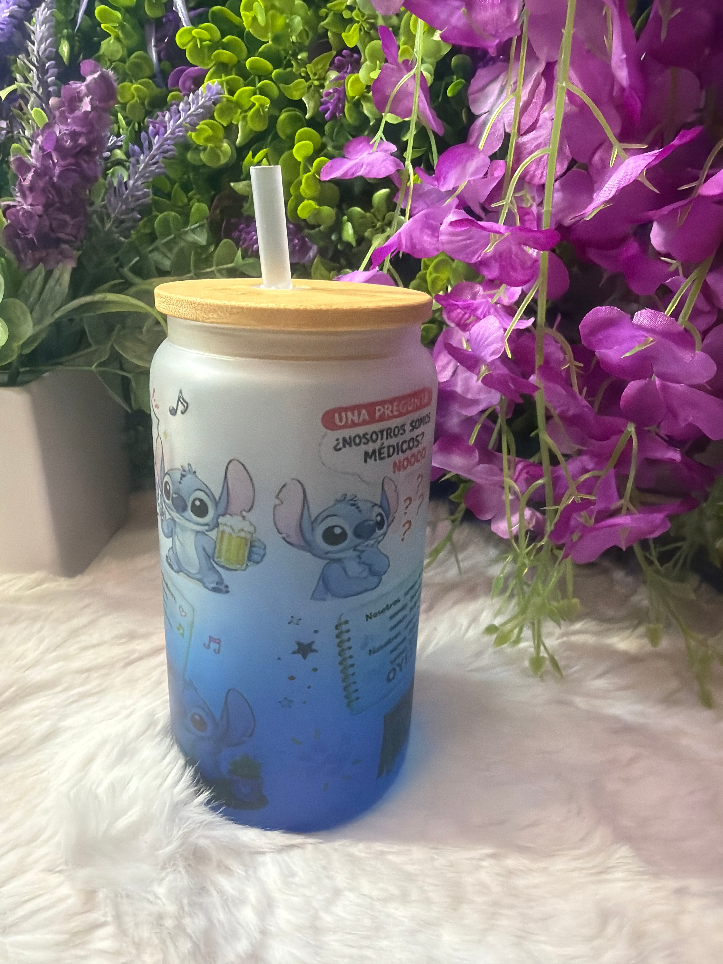 Nosotros somos stitch blue frosted glass cup 16 oz