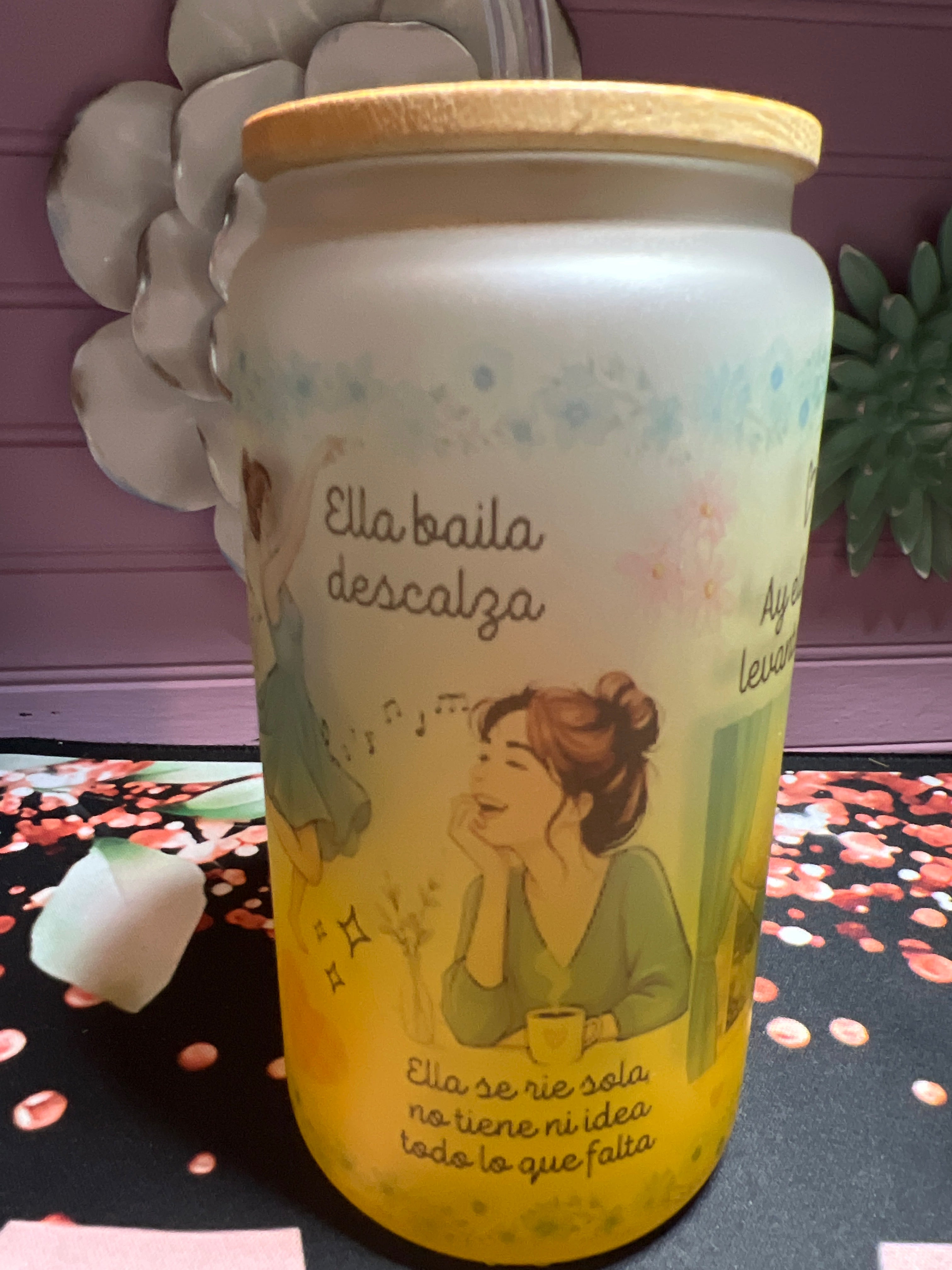 Yellow frosted glass cup 16 oz