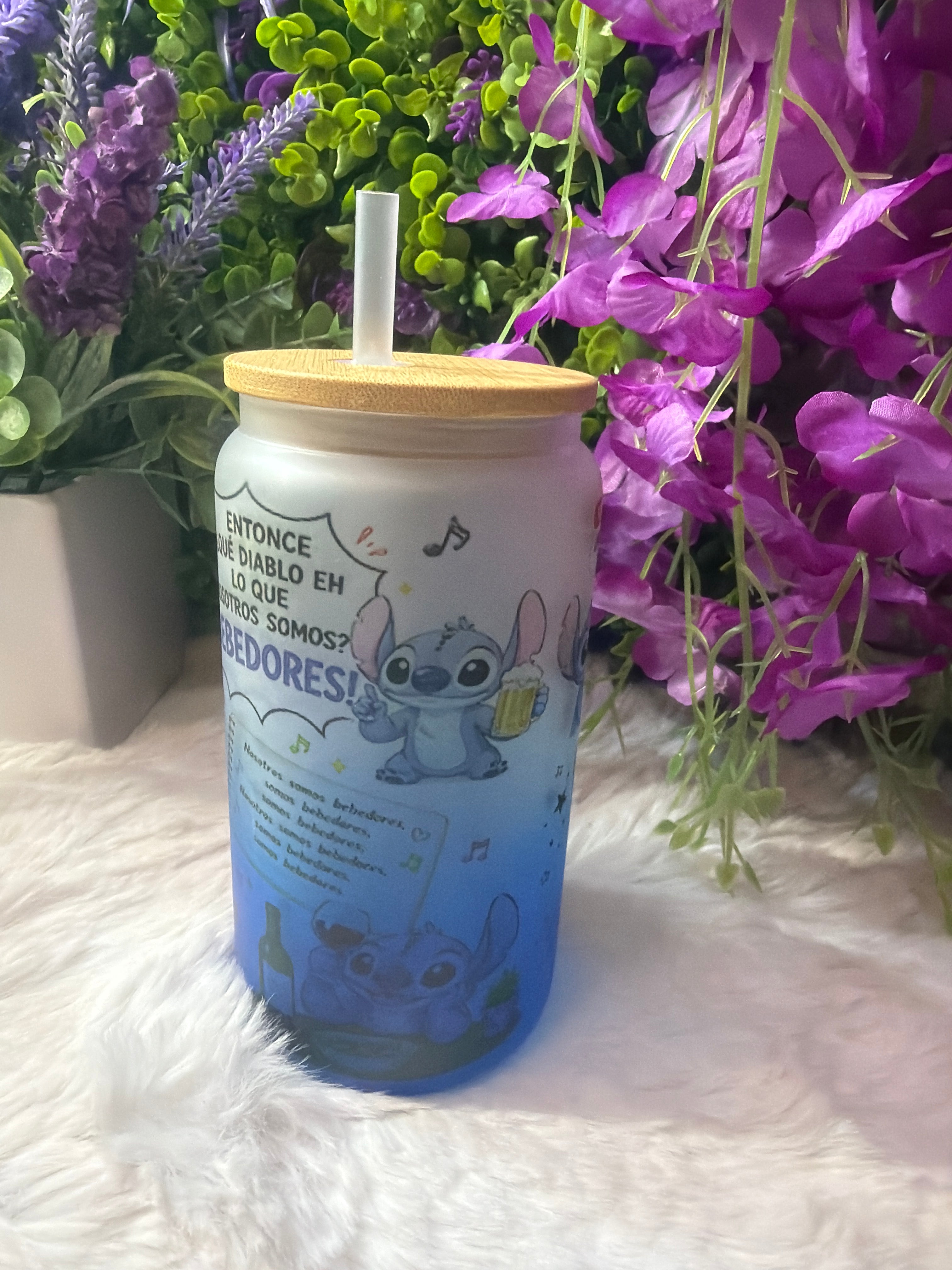 Nosotros somos stitch blue frosted glass cup 16 oz
