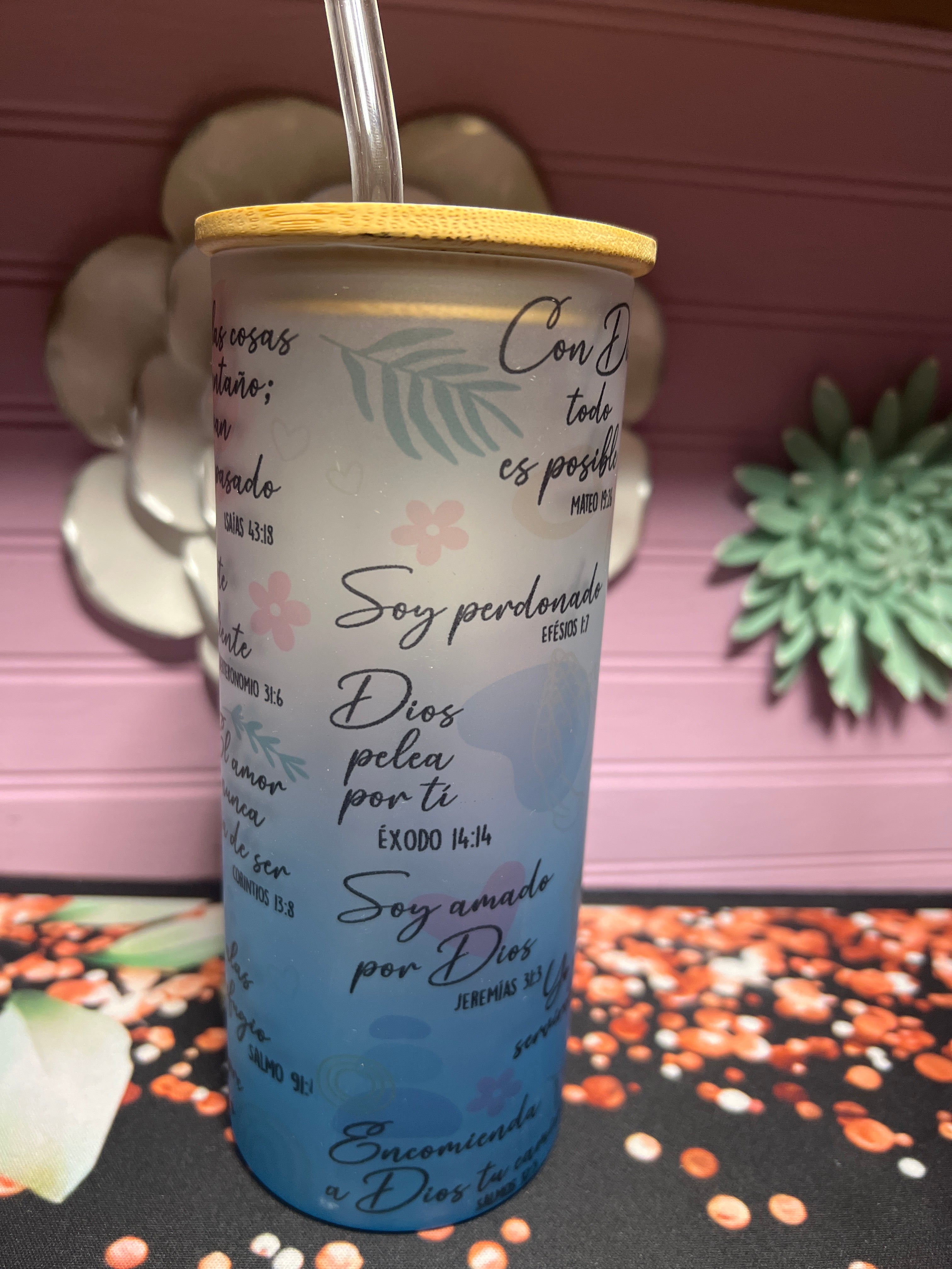 Frases inspiradoras de la Biblia frosted glass cup 18 oz