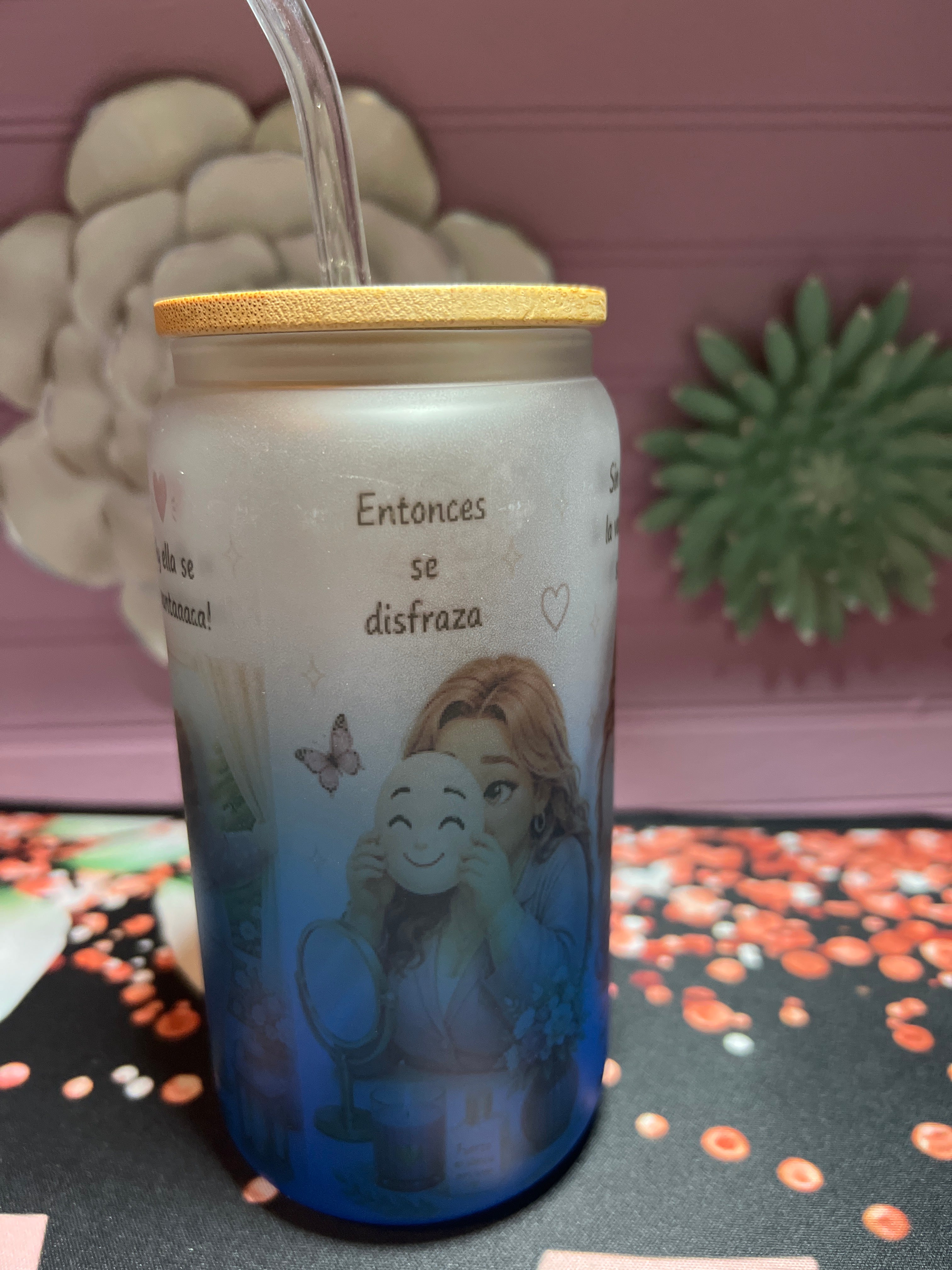 Blue frosted glass cup 16 oz