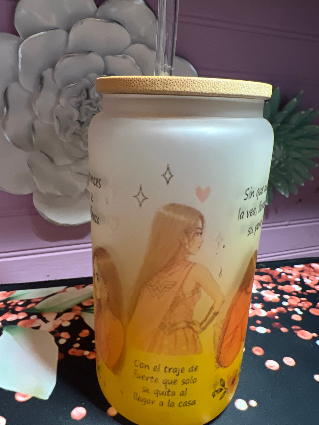 Yellow frosted glass cup 16 oz.