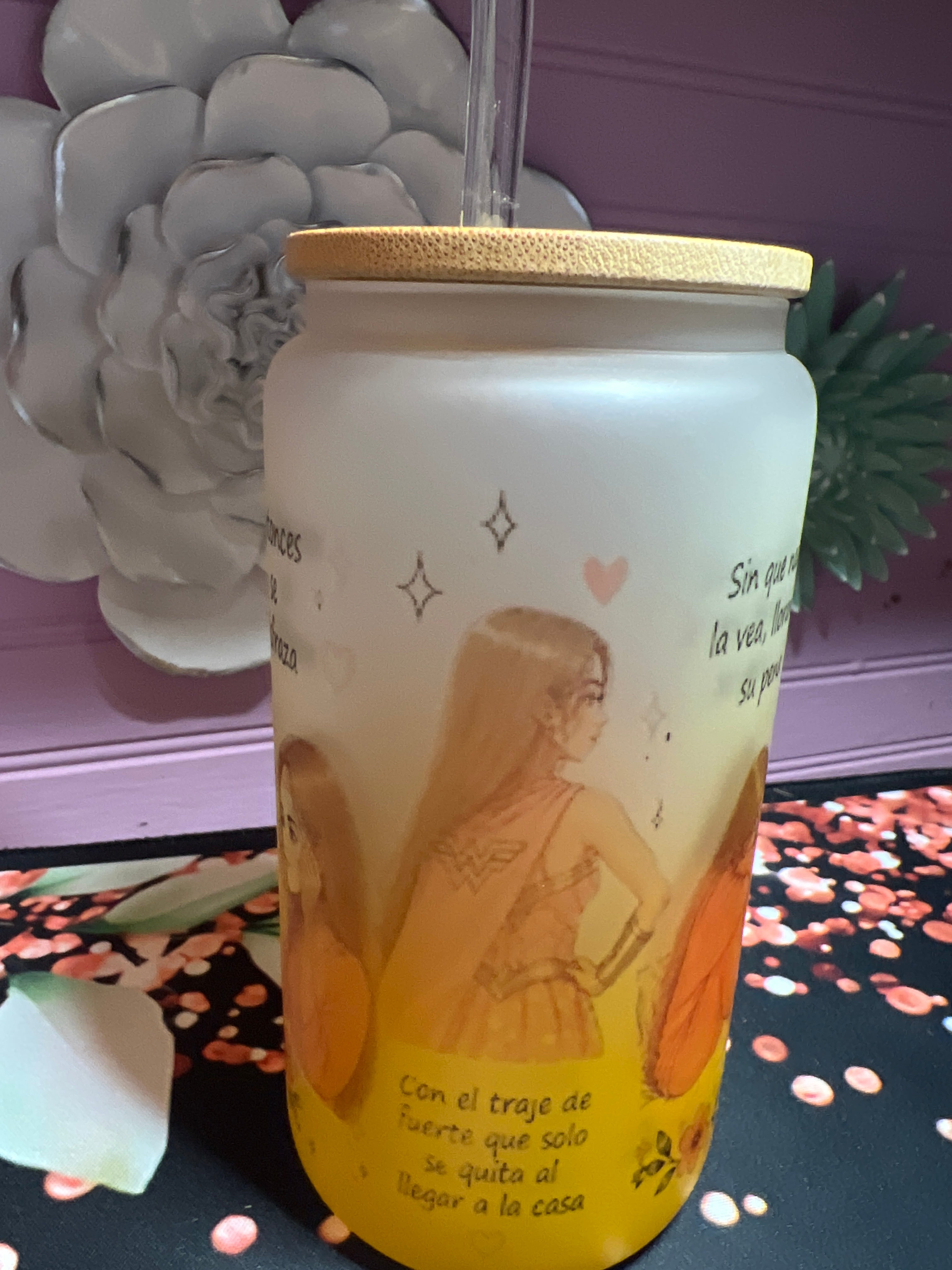 Yellow frosted glass cup 16 oz.