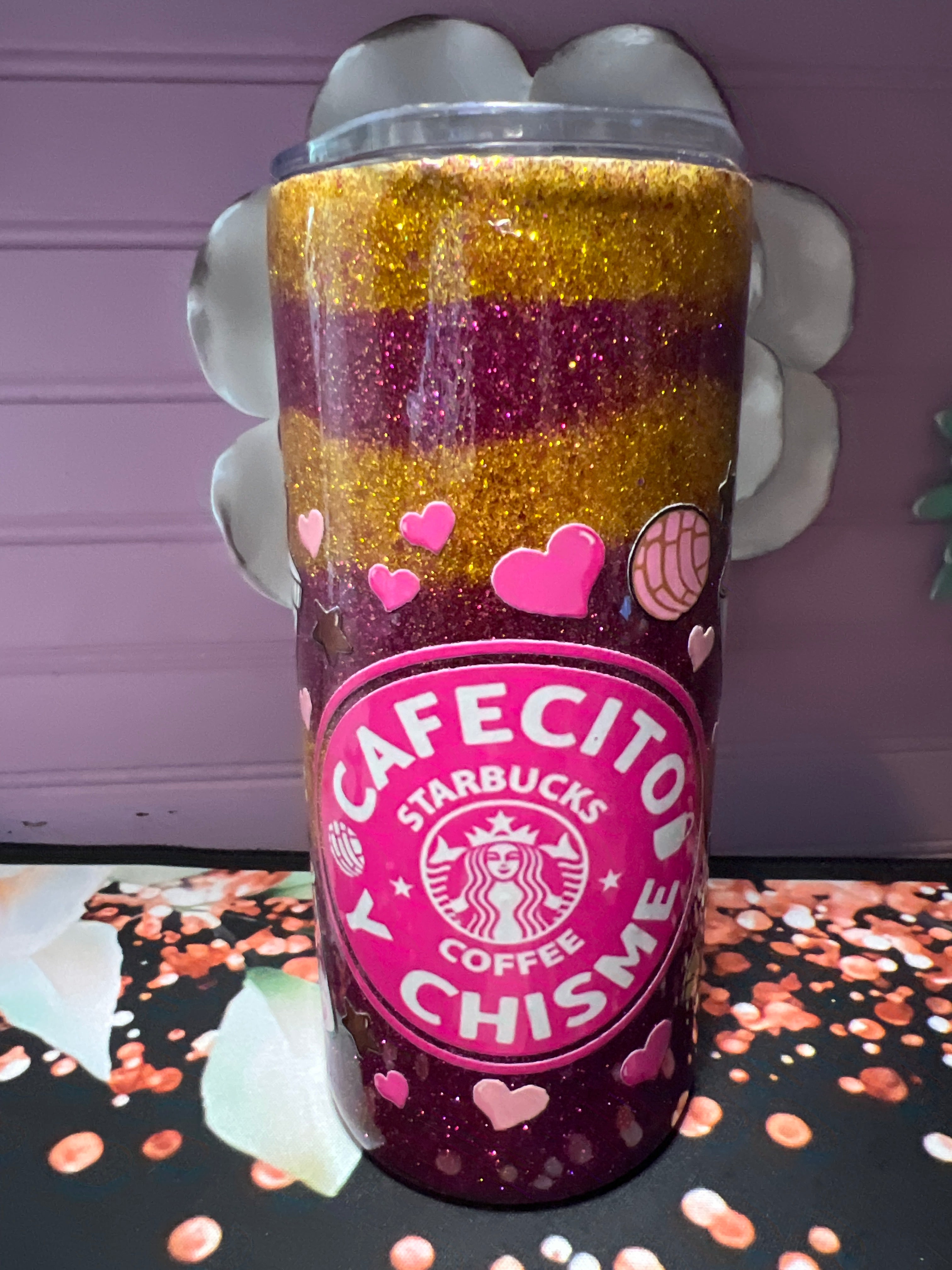 Cafecito y chisme recina epoxy glitter stickers UV DTF tumbler 15oz