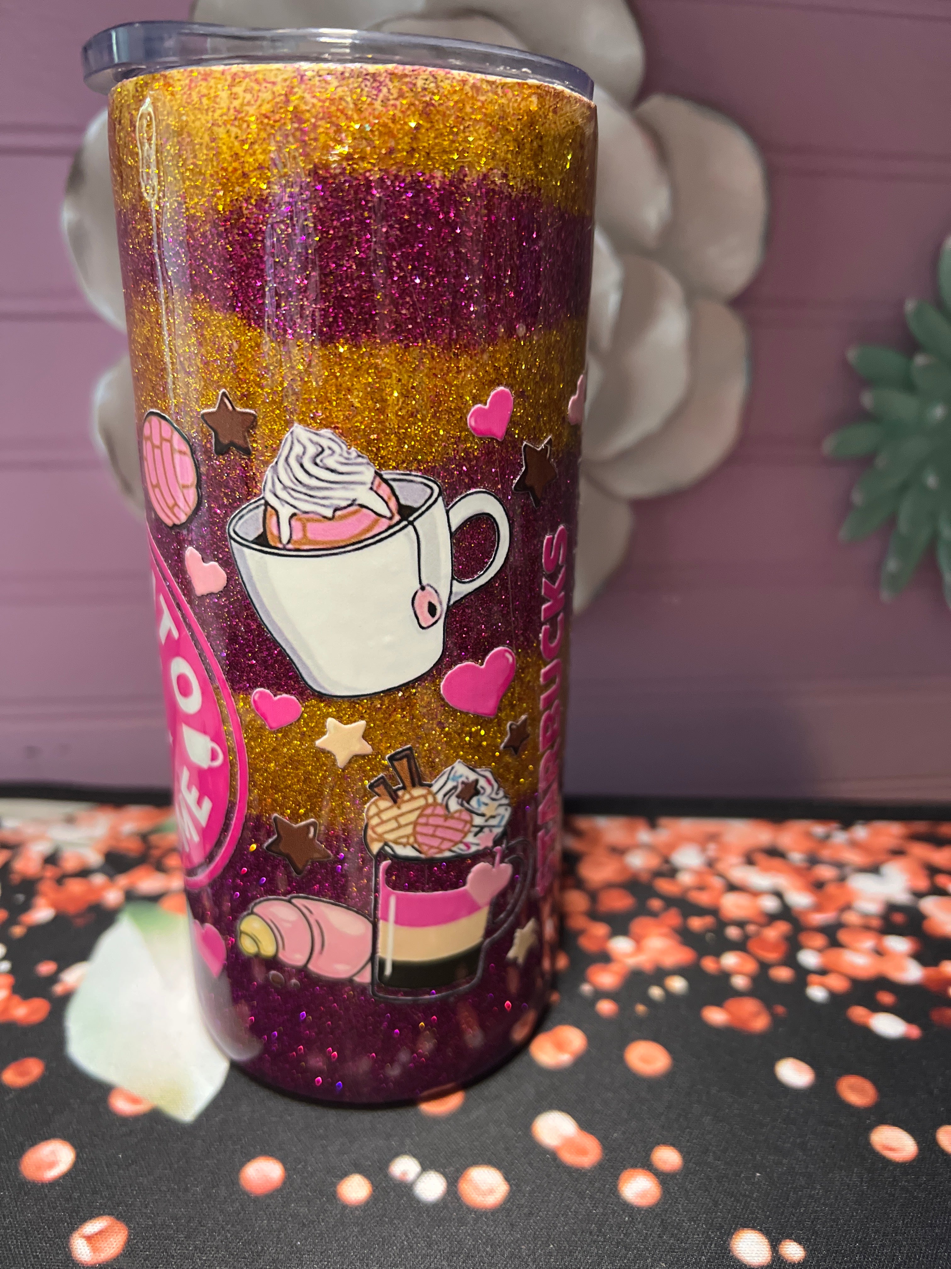 Cafecito y chisme recina epoxy glitter stickers UV DTF tumbler 15oz