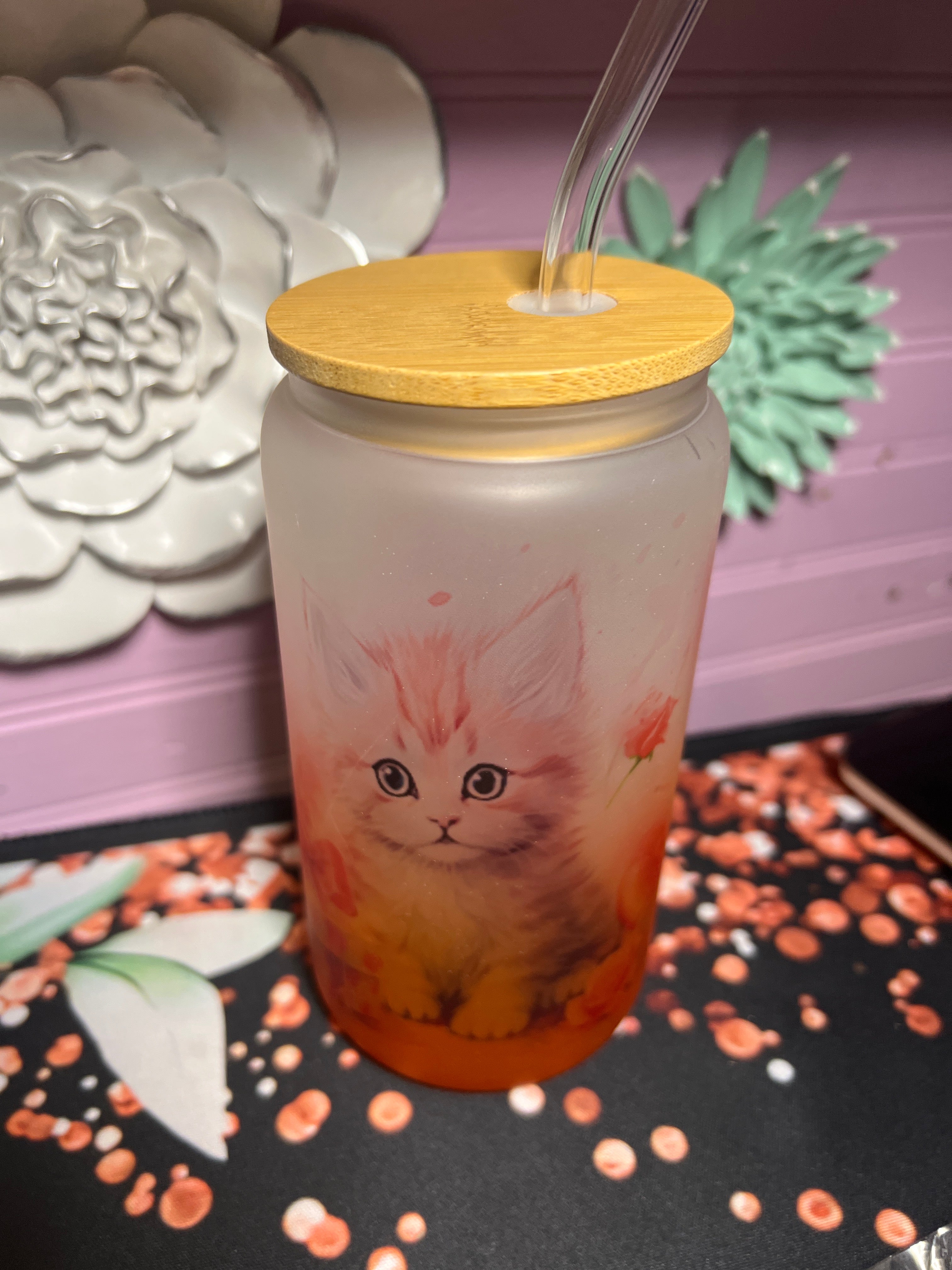 Cat Frosted glass cup 16 oz