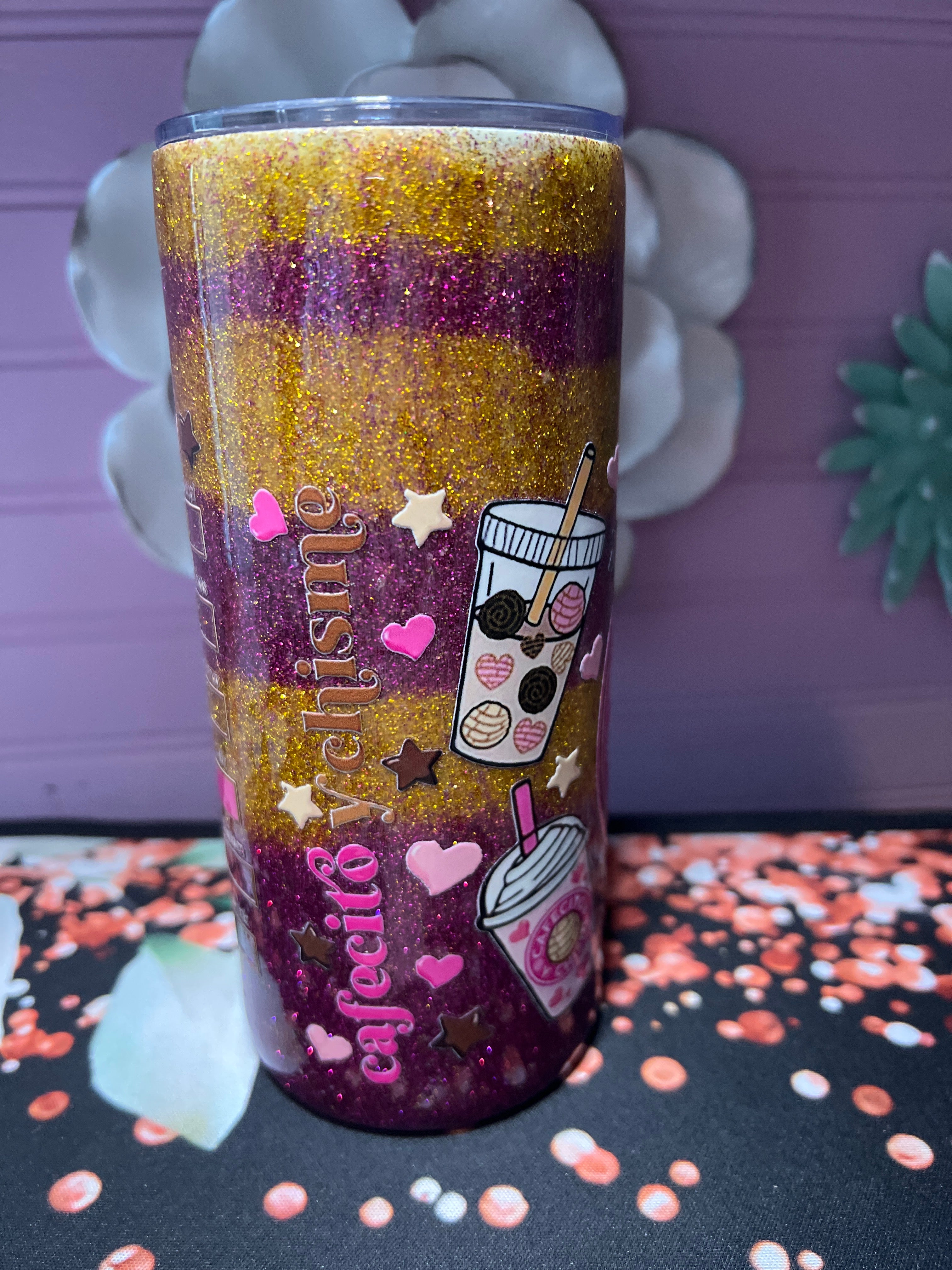 Cafecito y chisme recina epoxy glitter stickers UV DTF tumbler 15oz