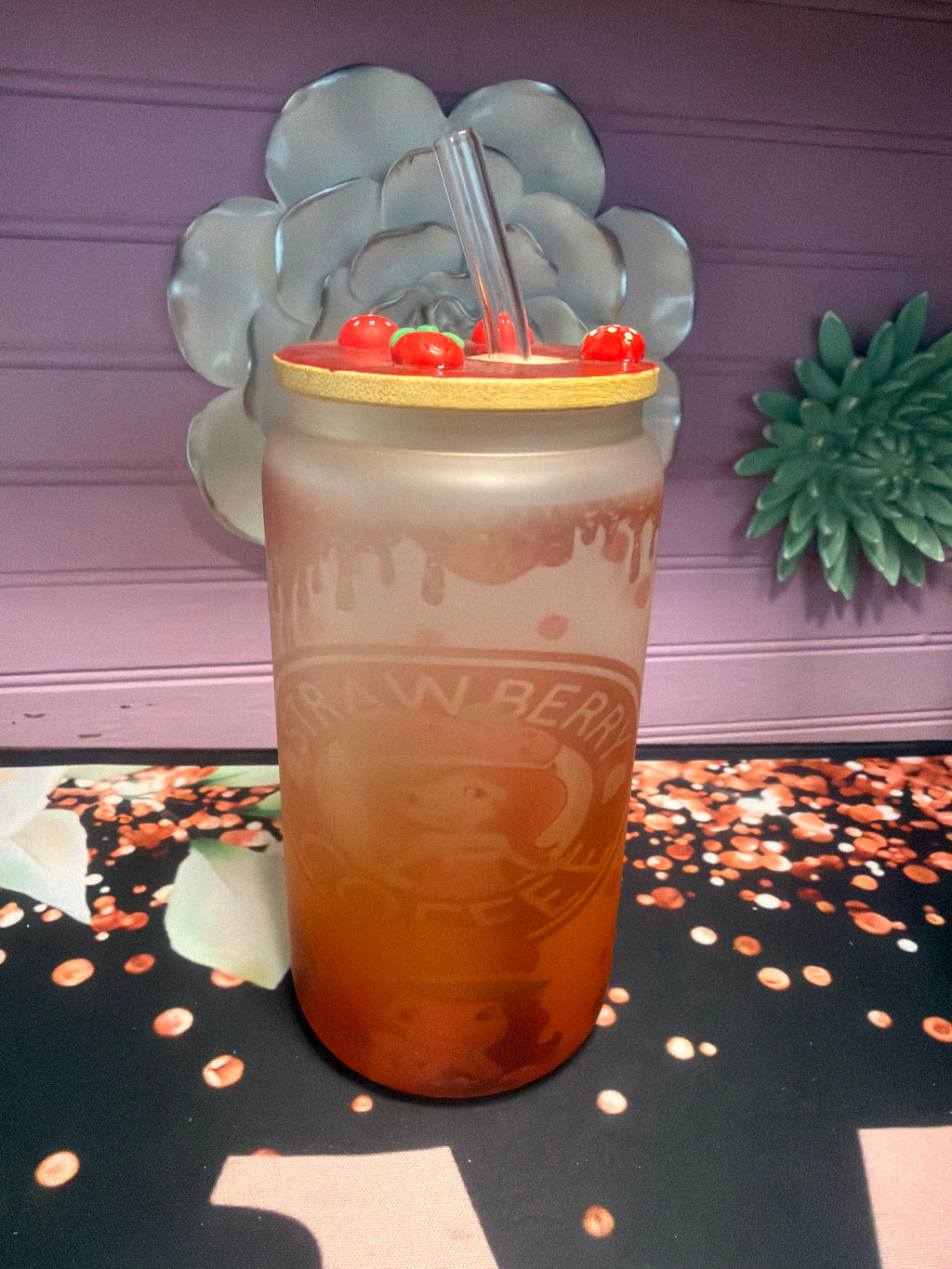 Strawberry Coffee Frosted glass cup 16 oz