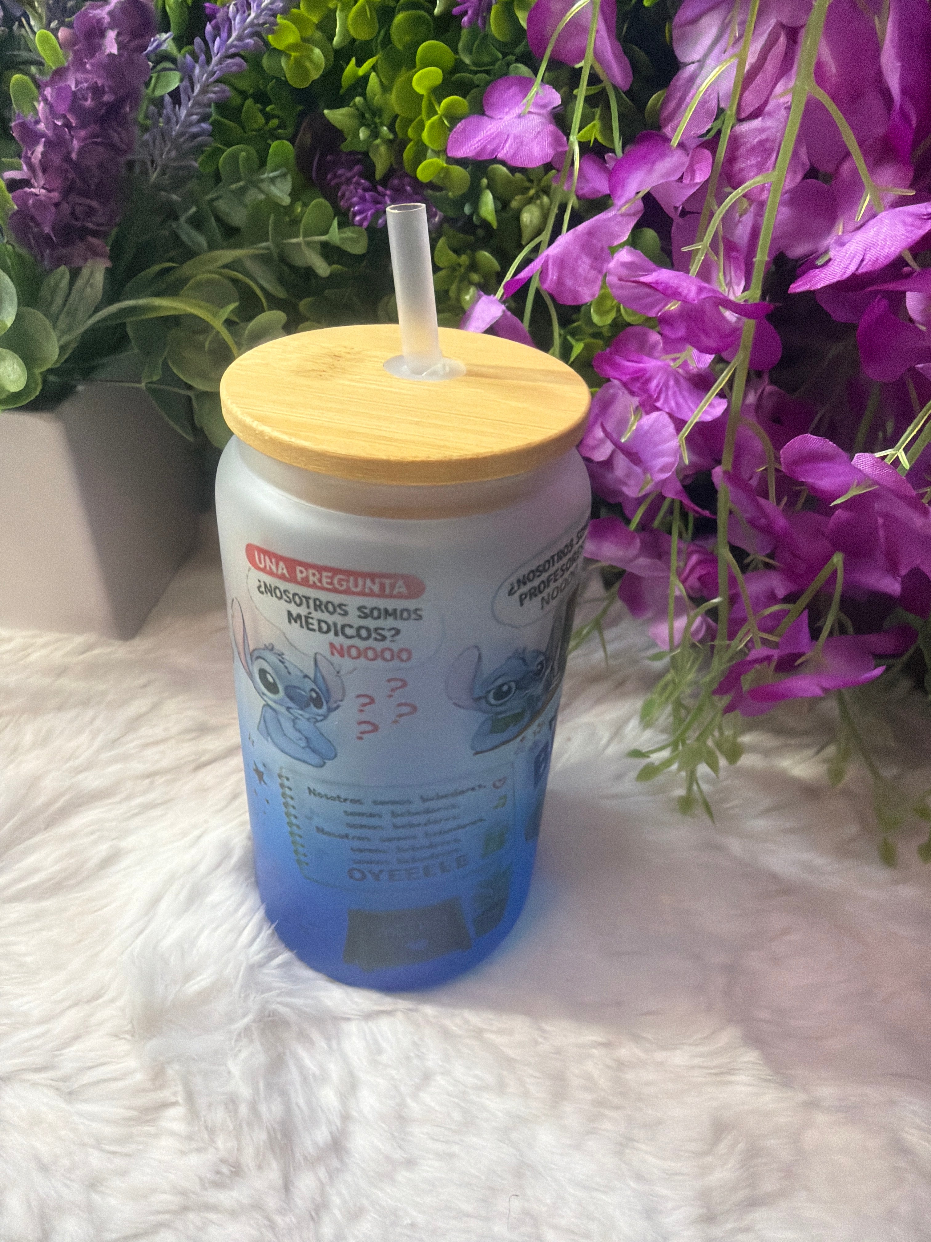 Nosotros somos stitch blue frosted glass cup 16 oz