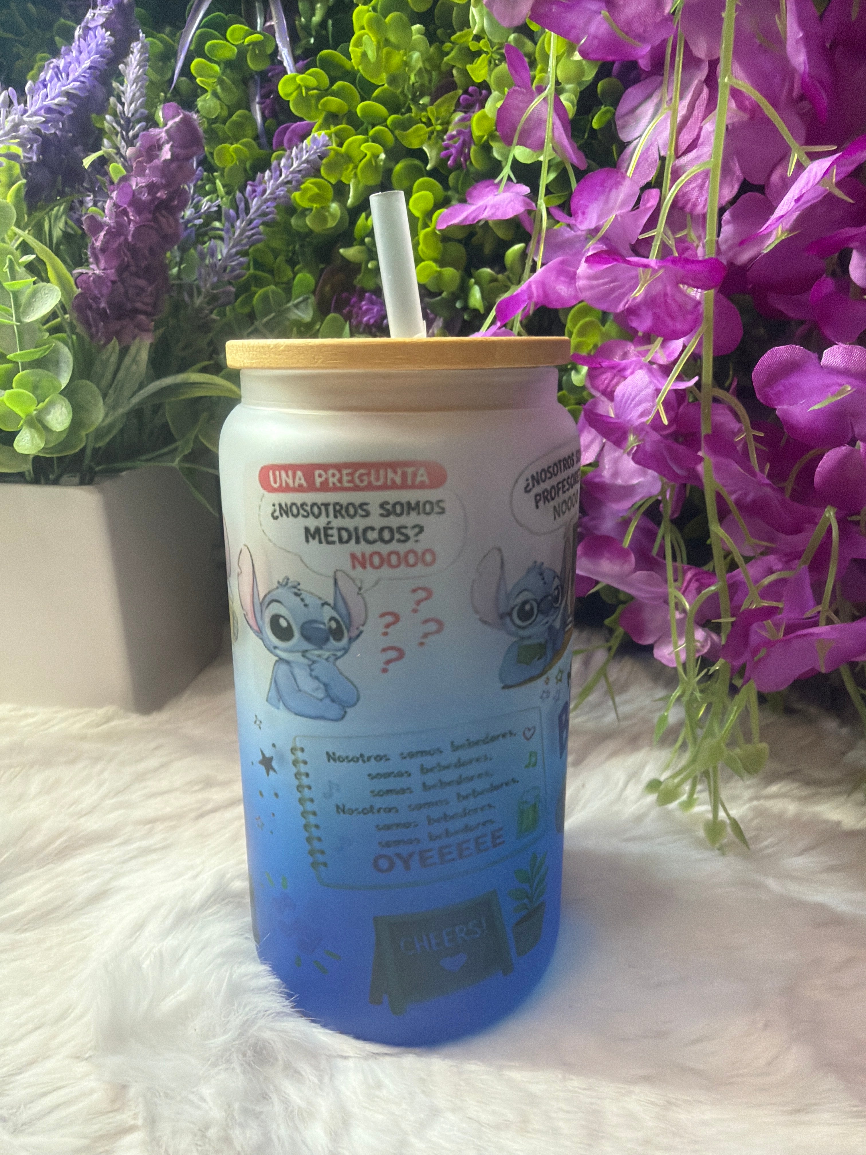 Nosotros somos stitch blue frosted glass cup 16 oz