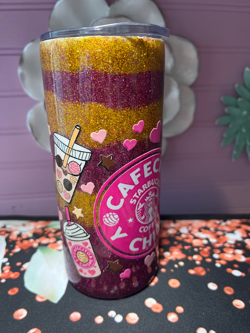 Cafecito y chisme recina epoxy glitter stickers UV DTF tumbler 15oz