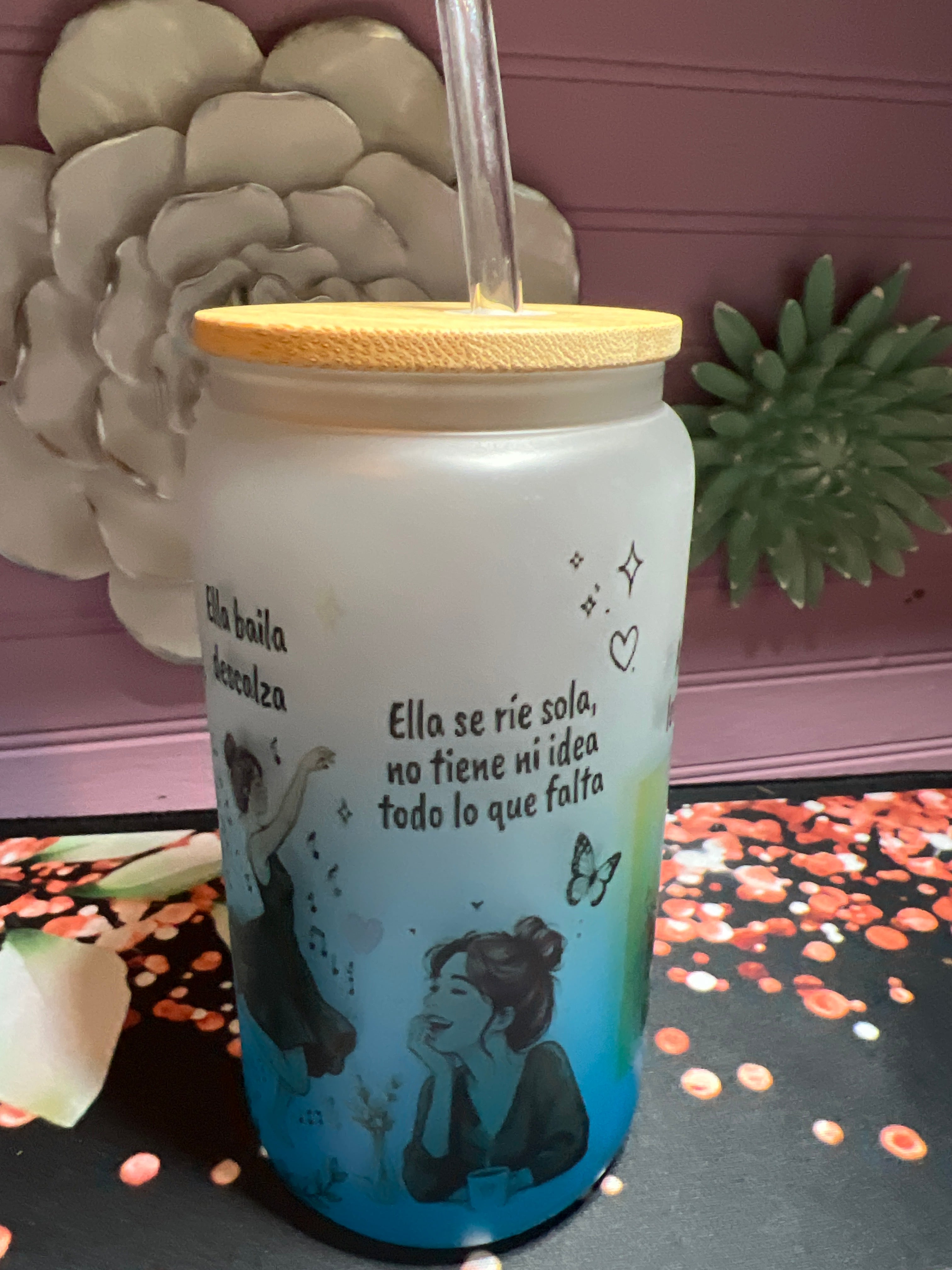 Blue frosted glass cup 16 oz