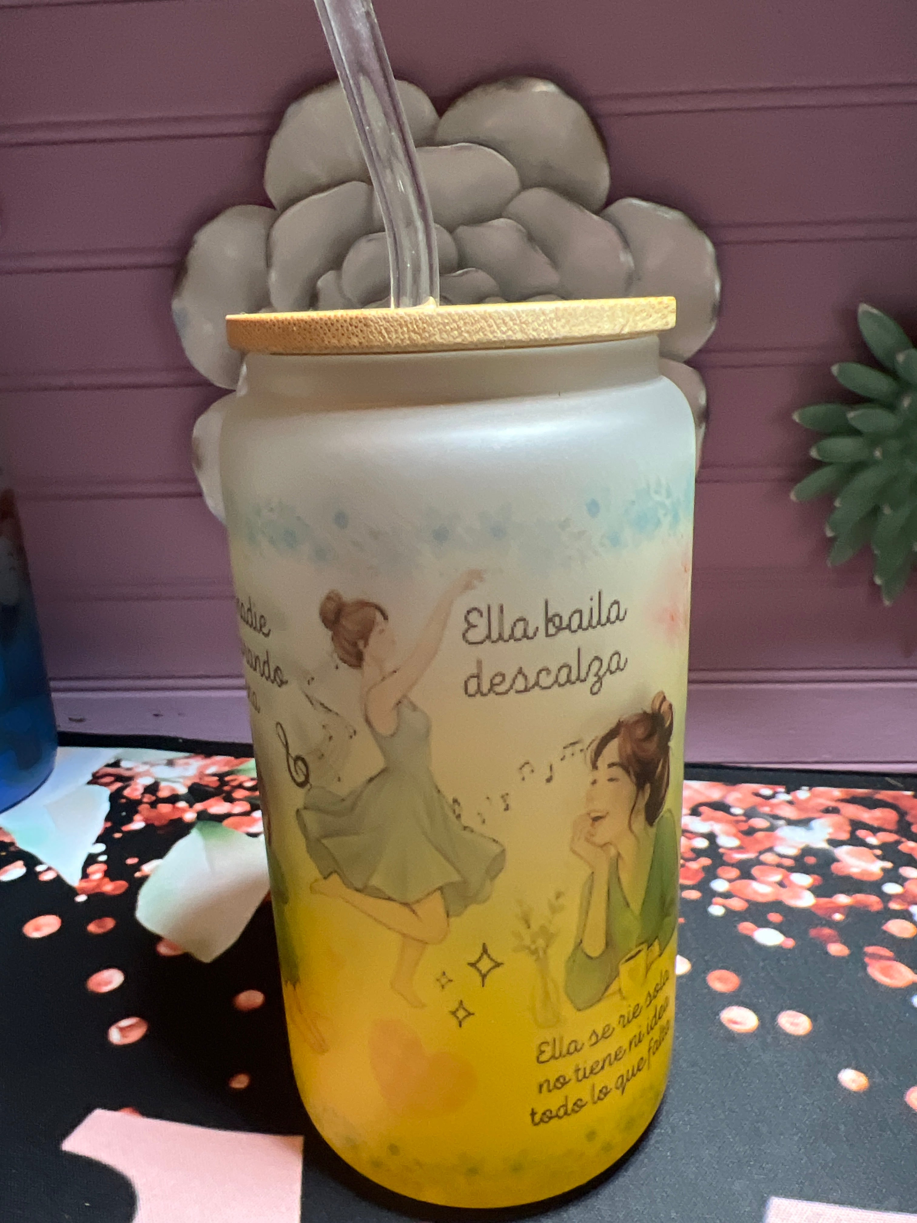 Yellow frosted glass cup 16 oz