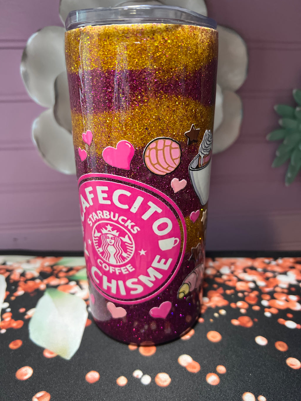 Cafecito y chisme recina epoxy glitter stickers UV DTF tumbler 15oz